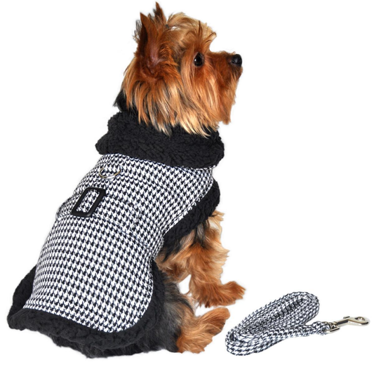 Classic Houndstooth Dog Harness Coat and Leash