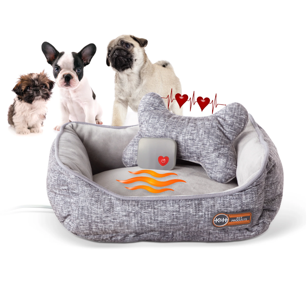 Mother's Heartbeat Heated Puppy Pet Bed with Bone Pillow