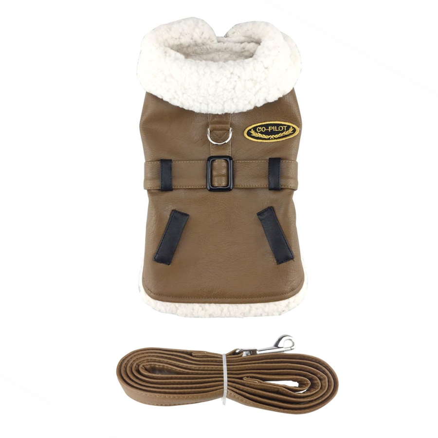 Sherpa-Lined Faux Leather Bomber Dog Coat Harness and Leash