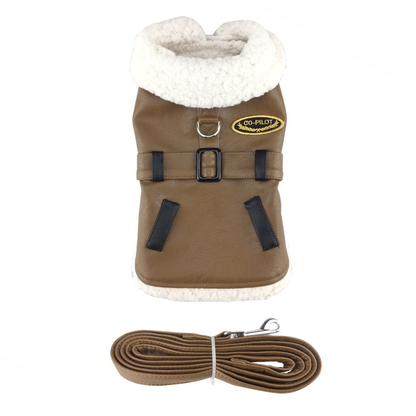 Sherpa-Lined Faux Leather Bomber Dog Coat Harness and Leash