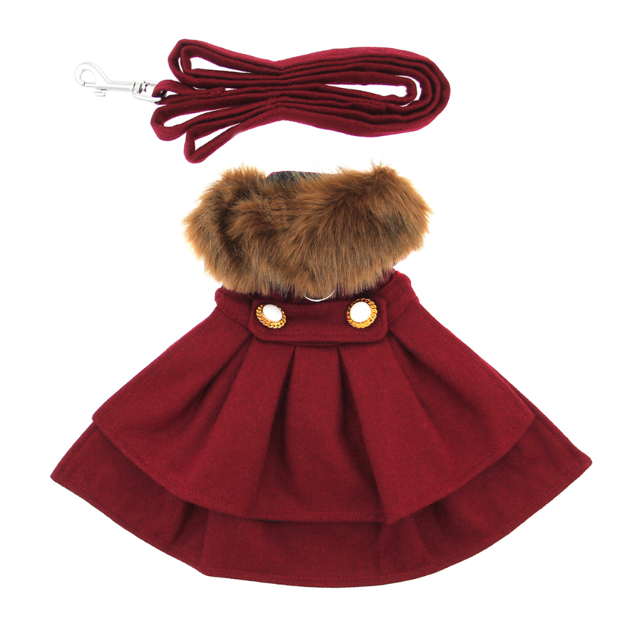 Wool Faux Fur-Trimmed Dog Harness Coat and Leash
