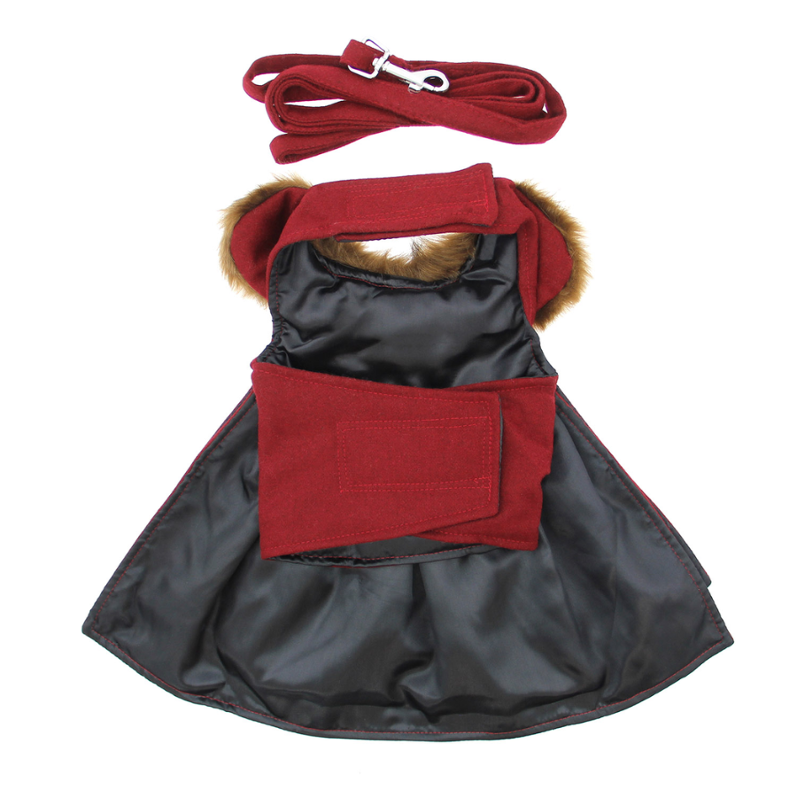 Wool Faux Fur-Trimmed Dog Harness Coat and Leash