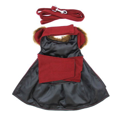 Wool Faux Fur-Trimmed Dog Harness Coat and Leash