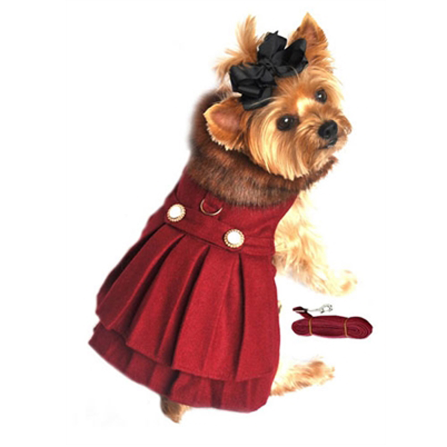 Wool Faux Fur-Trimmed Dog Harness Coat and Leash