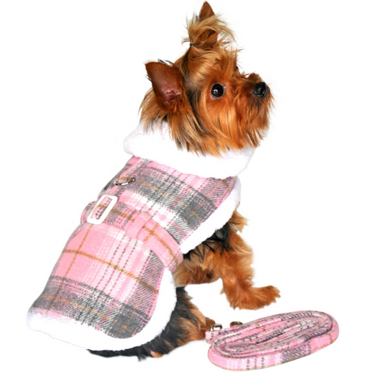 Sherpa-Lined Dog Harness Coat - Pink & White Plaid