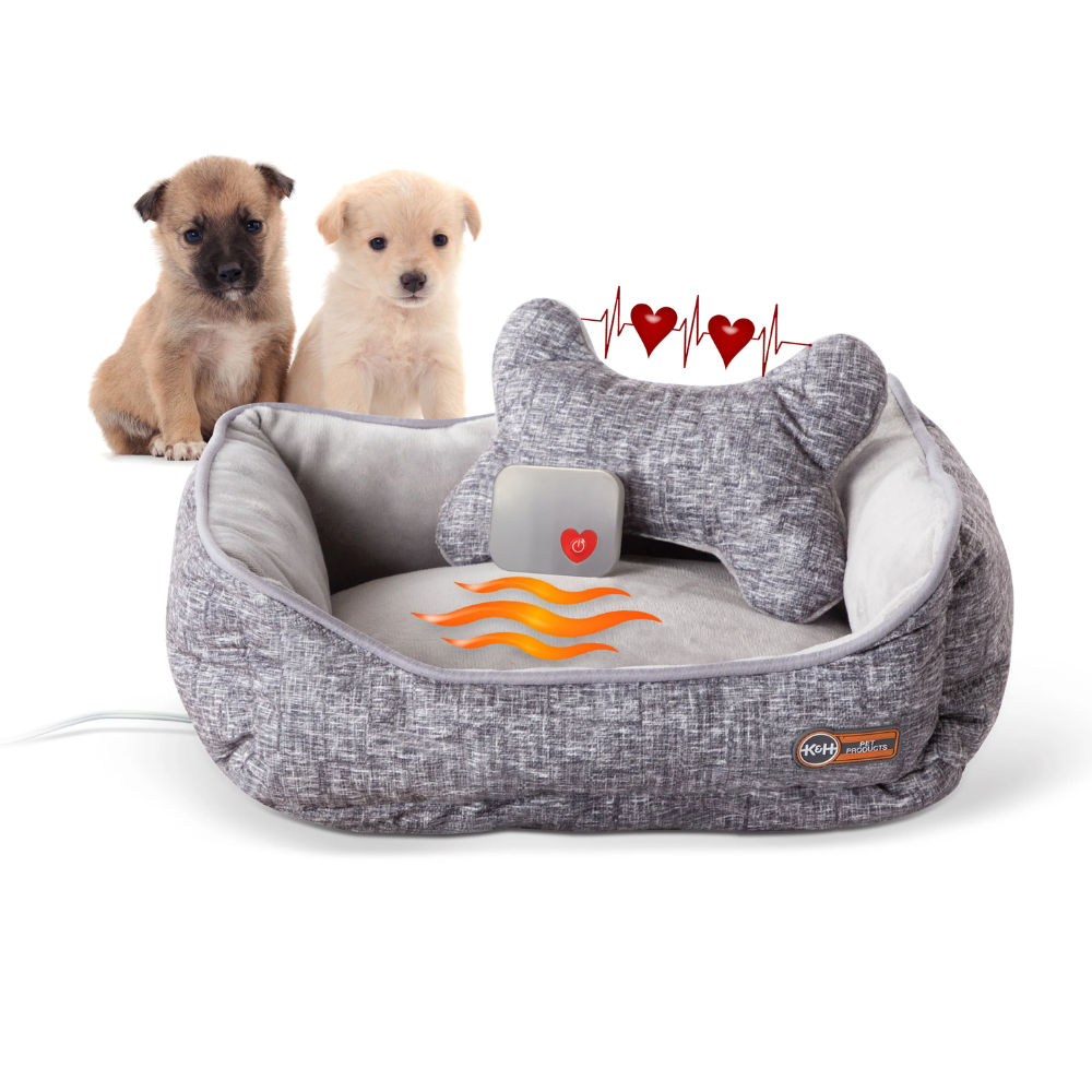 Mother's Heartbeat Heated Puppy Pet Bed with Bone Pillow