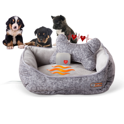 Mother's Heartbeat Heated Puppy Pet Bed with Bone Pillow