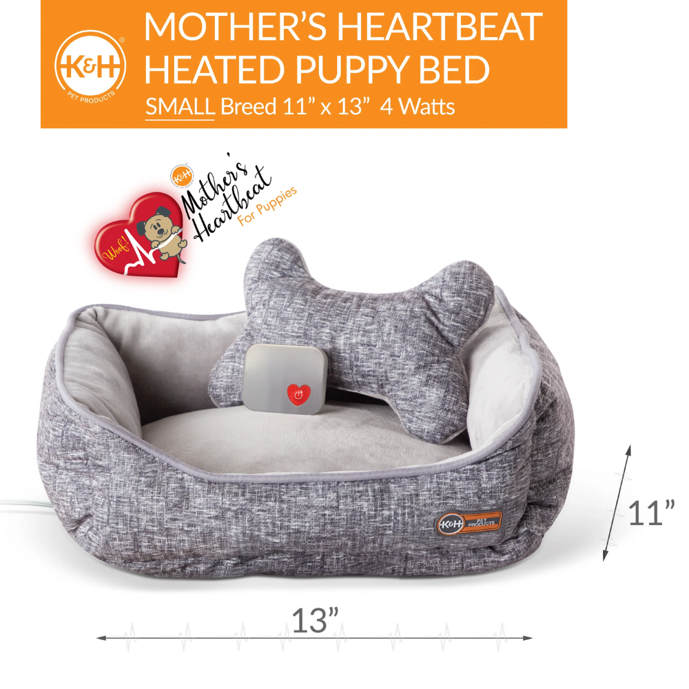 Mother's Heartbeat Heated Puppy Pet Bed with Bone Pillow