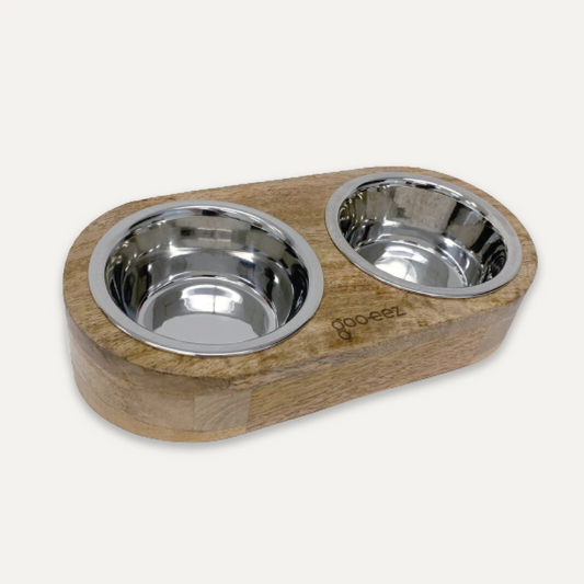Inclined Mango Wood Feeder with Double Stainless Steel Bowls