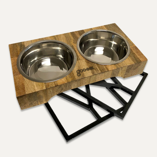 3 in 1 Adjustable Height Mango Wood Feeder with Double Stainless Steel Bowls